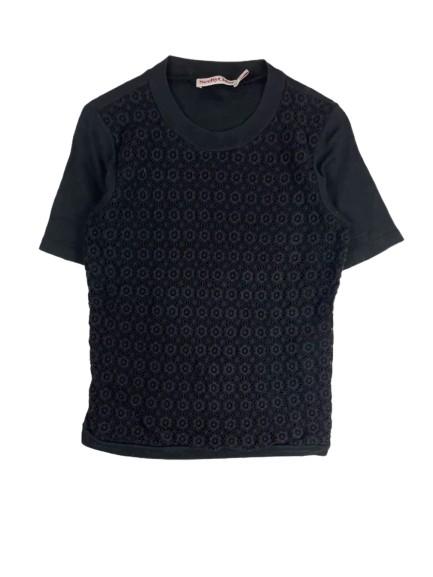 See by Chloé Black Lace Panel T-Shirt F36 (S) | Cotton Crew Neck Crochet Top